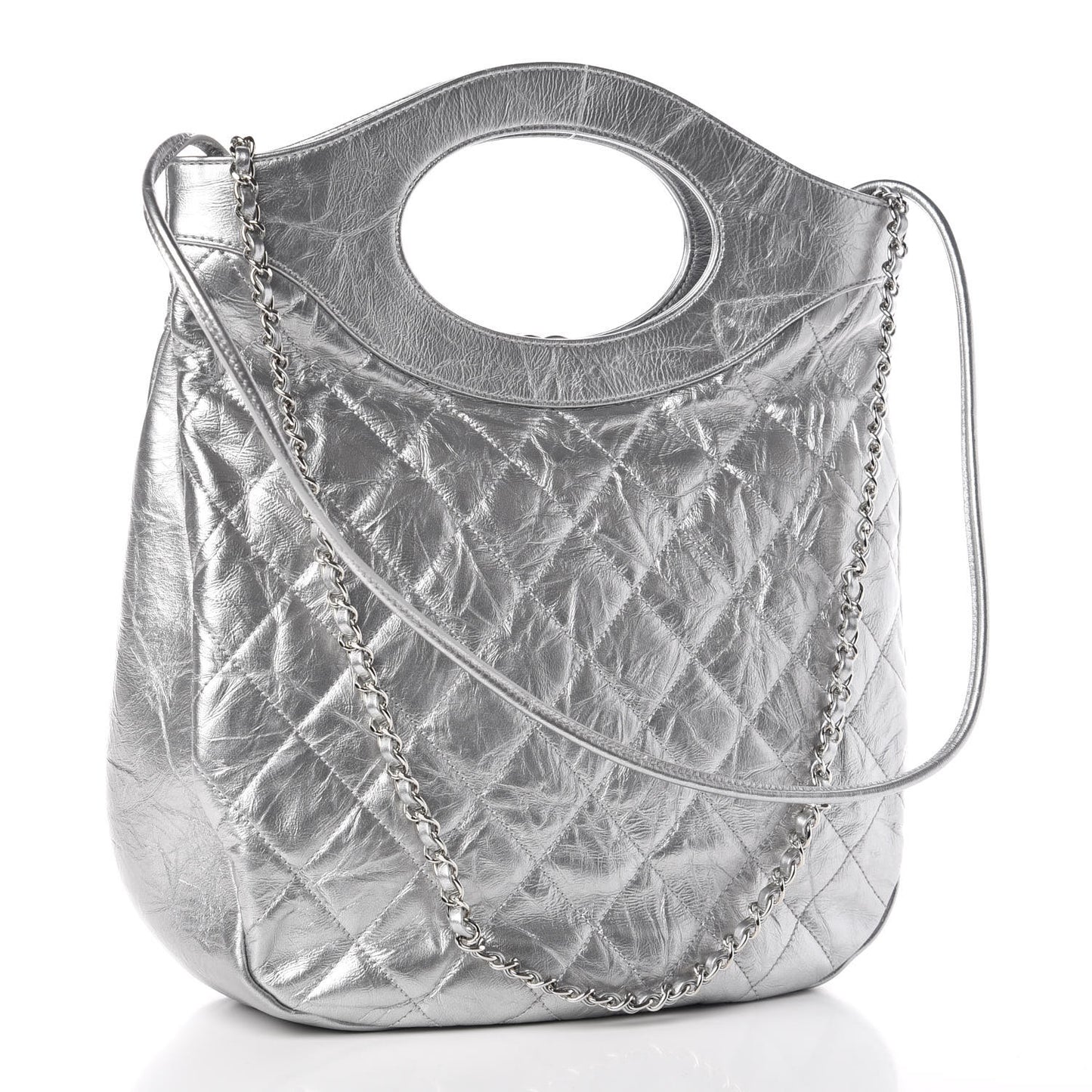 Metallic Crumpled Calfskin Small 31 Shopping Bag Silver