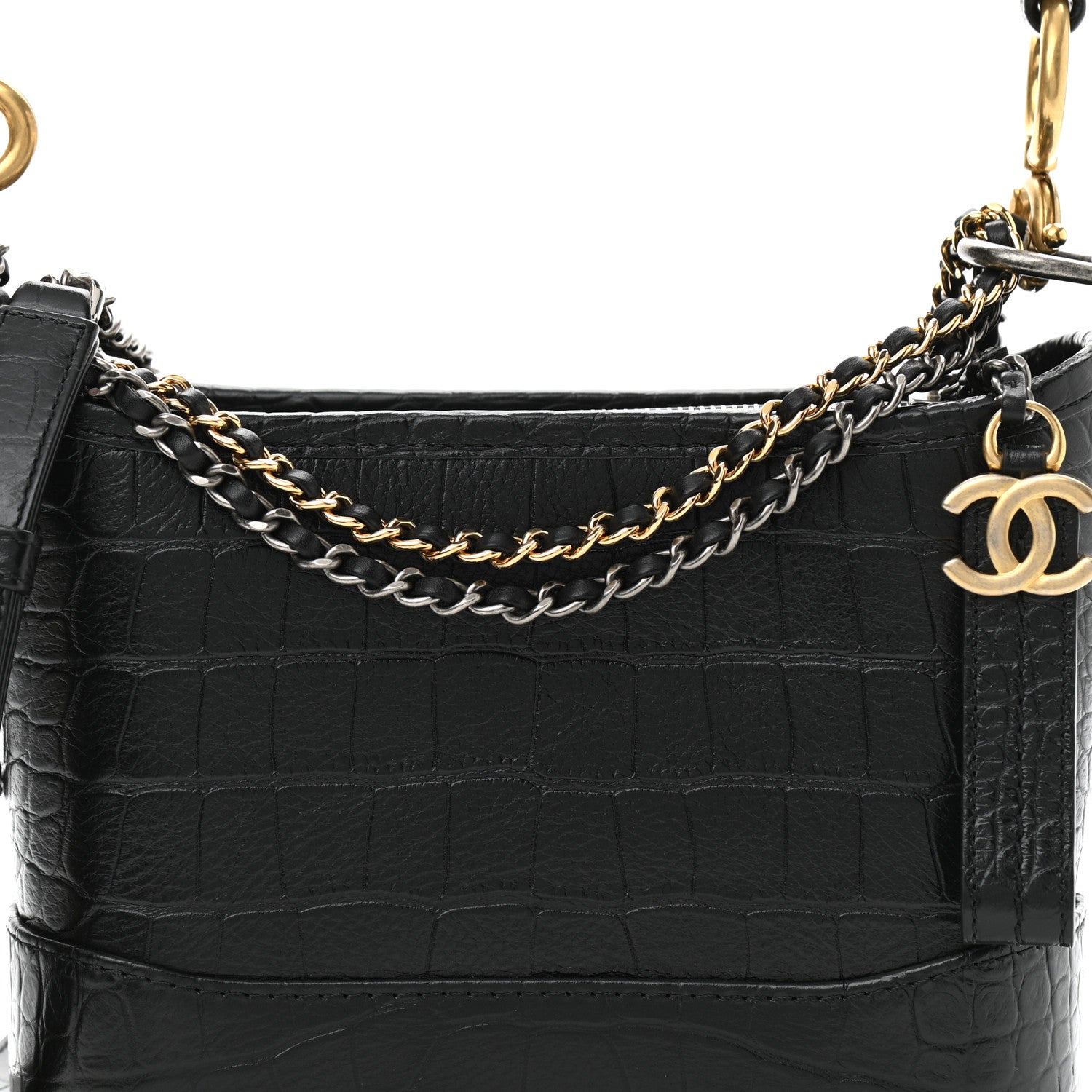 Chanel Calfskin Crocodile Embossed Small Gabrielle Cocodile Hobo Black 8 of 11