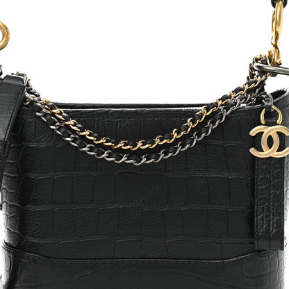 Chanel Calfskin Crocodile Embossed Small Gabrielle Cocodile Hobo Black 8 of 11