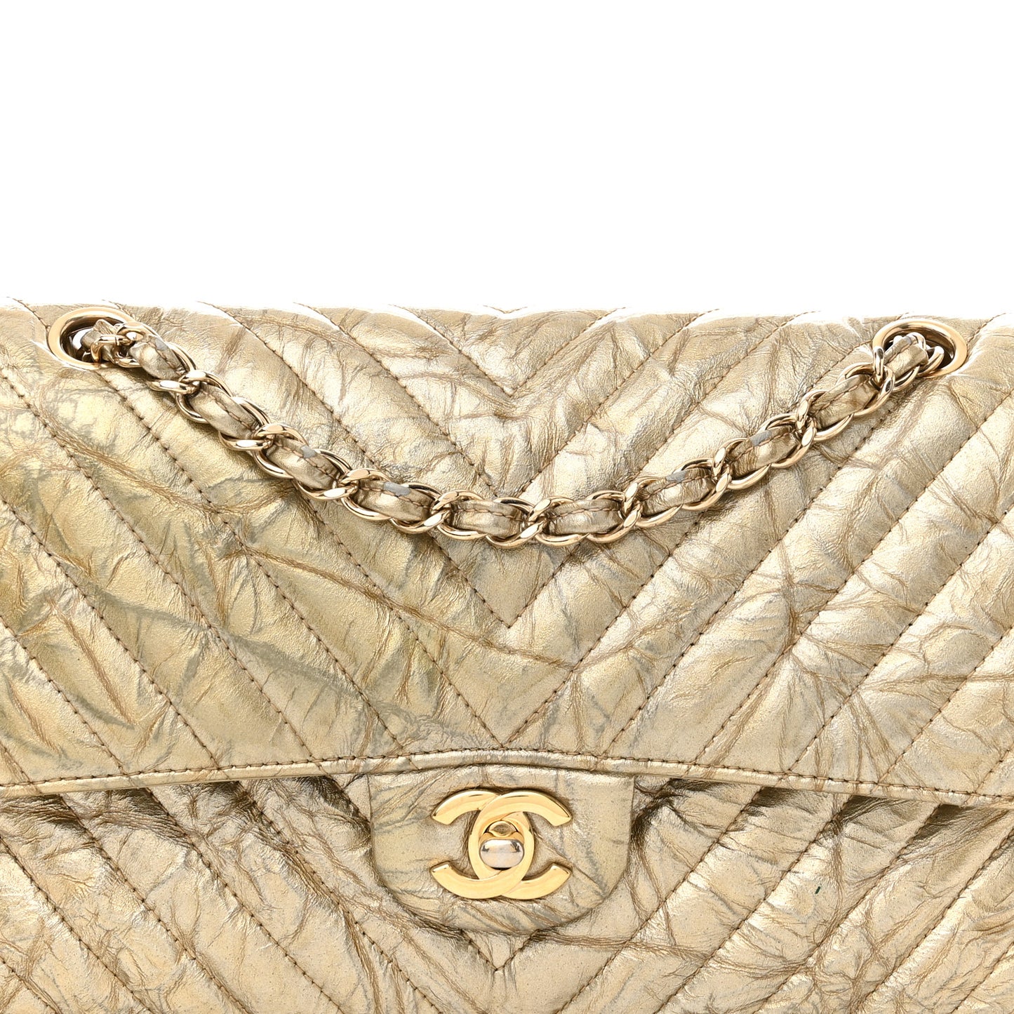 Metallic Patent Crumpled Calfskin Chevron Quilted Medium Double Flap Gold