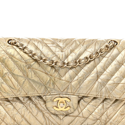 Chanel Metallic Patent Crumpled Calfskin Chevron Quilted Medium Double Flap Gold 8 of 18
