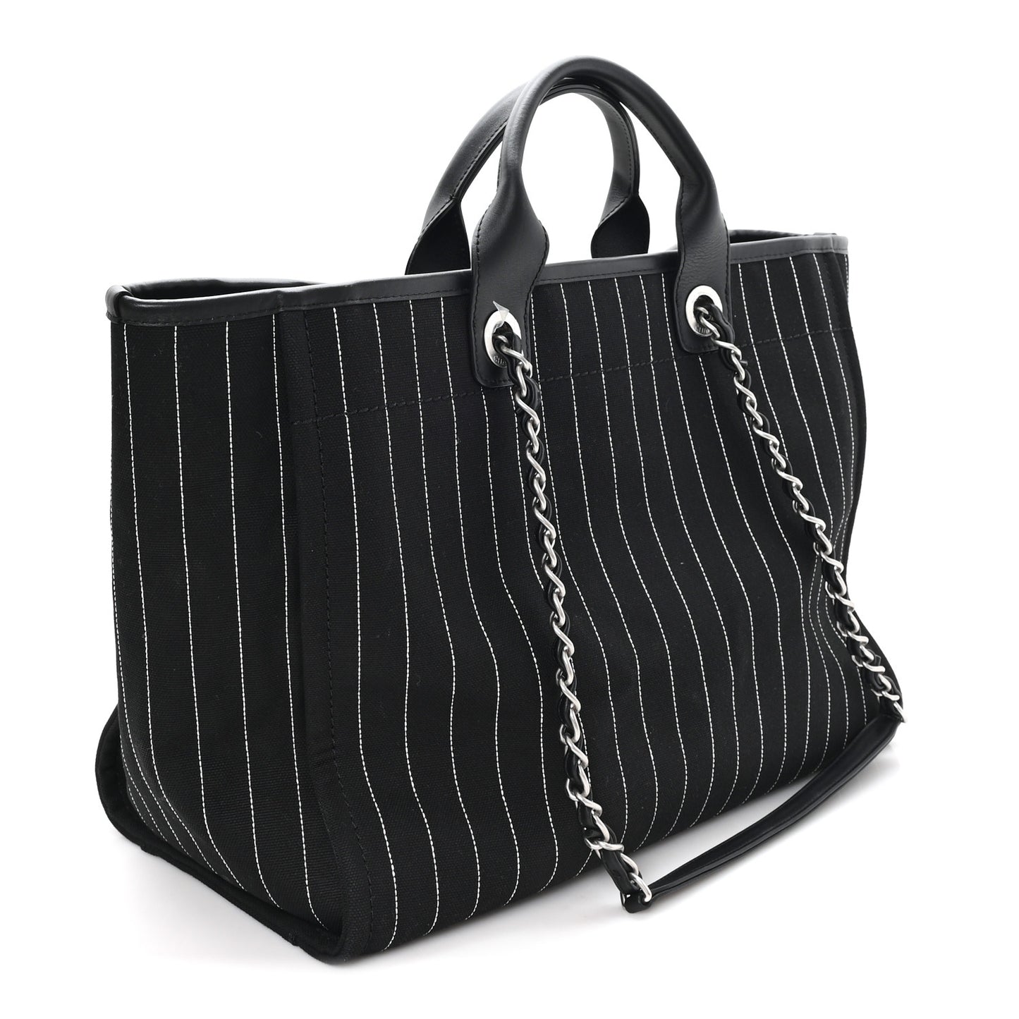 Canvas Calfskin Striped Medium Deauville Tote Black White