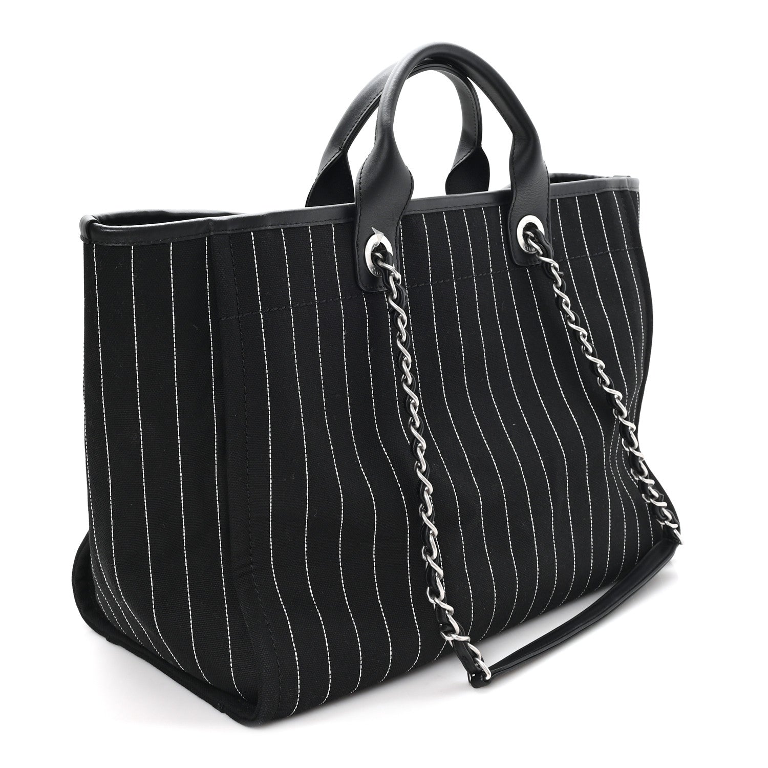 Chanel Canvas Calfskin Striped Medium Deauville Tote Black White 4 of 11