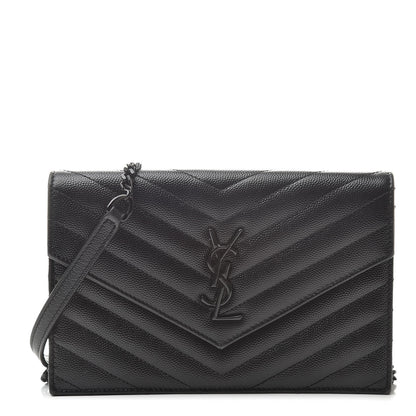 Saint Laurent Grain De Poudre Matelasse Chevron Monogram Envelope Chain Wallet Black 1 of 13