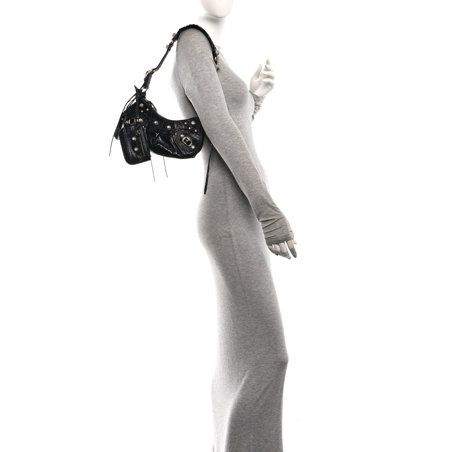 Extra Supple Calfskin Crystal Crocodile Embossed Le Cagole Shoulder Bag XS Black