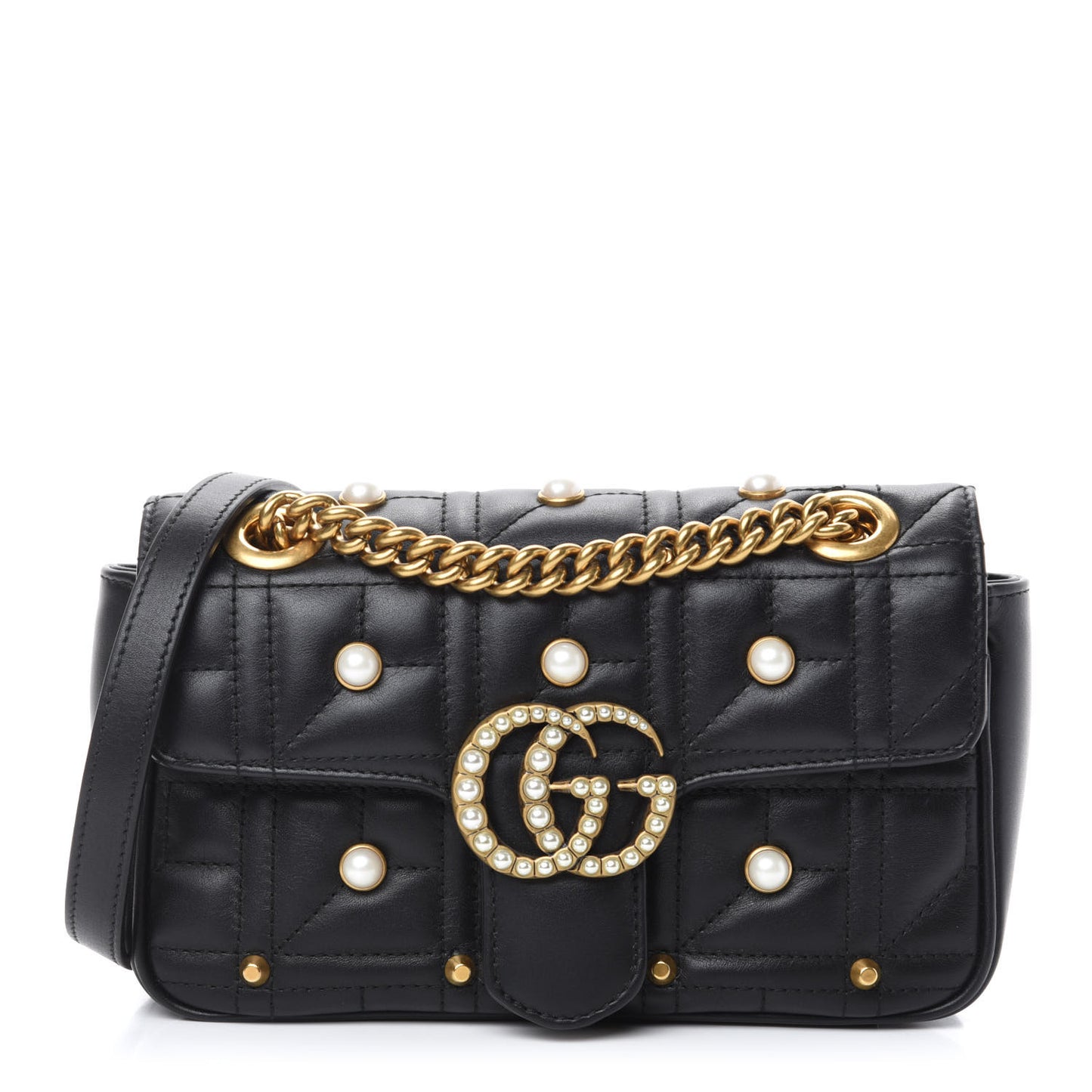 Calfskin Matelasse Studded Mini Pearly GG Marmont Shoulder Bag Black