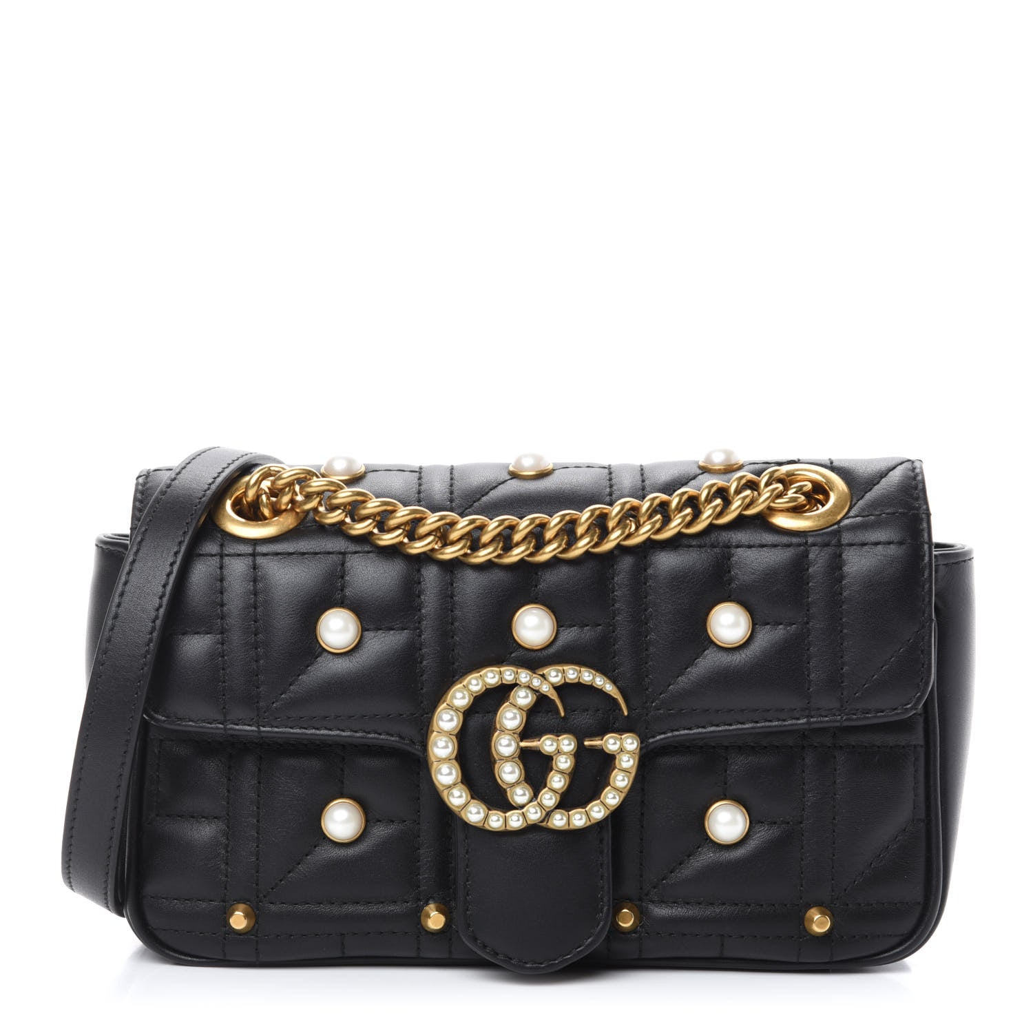 Gucci Calfskin Matelasse Studded Mini Pearly GG Marmont Shoulder Bag Black 1 of 11