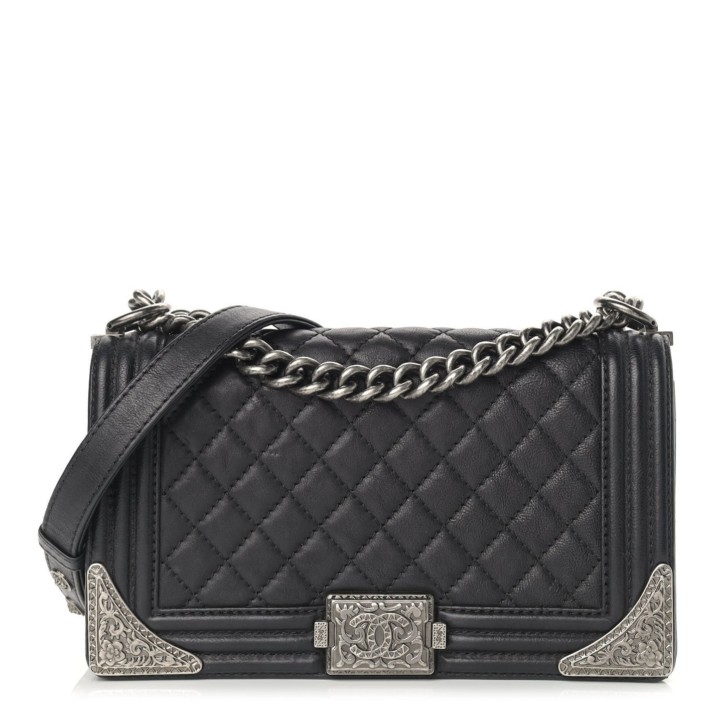 Calfskin Quilted Metal Embellished Paris Dallas Medium Boy Flap Black