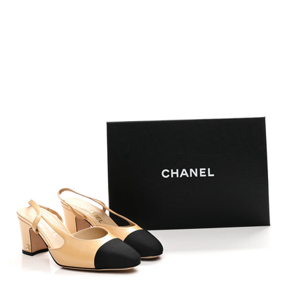 Chanel Goatskin Grosgrain Cap Toe CC Slingback Pumps 36.5 Beige Black 7 of 7