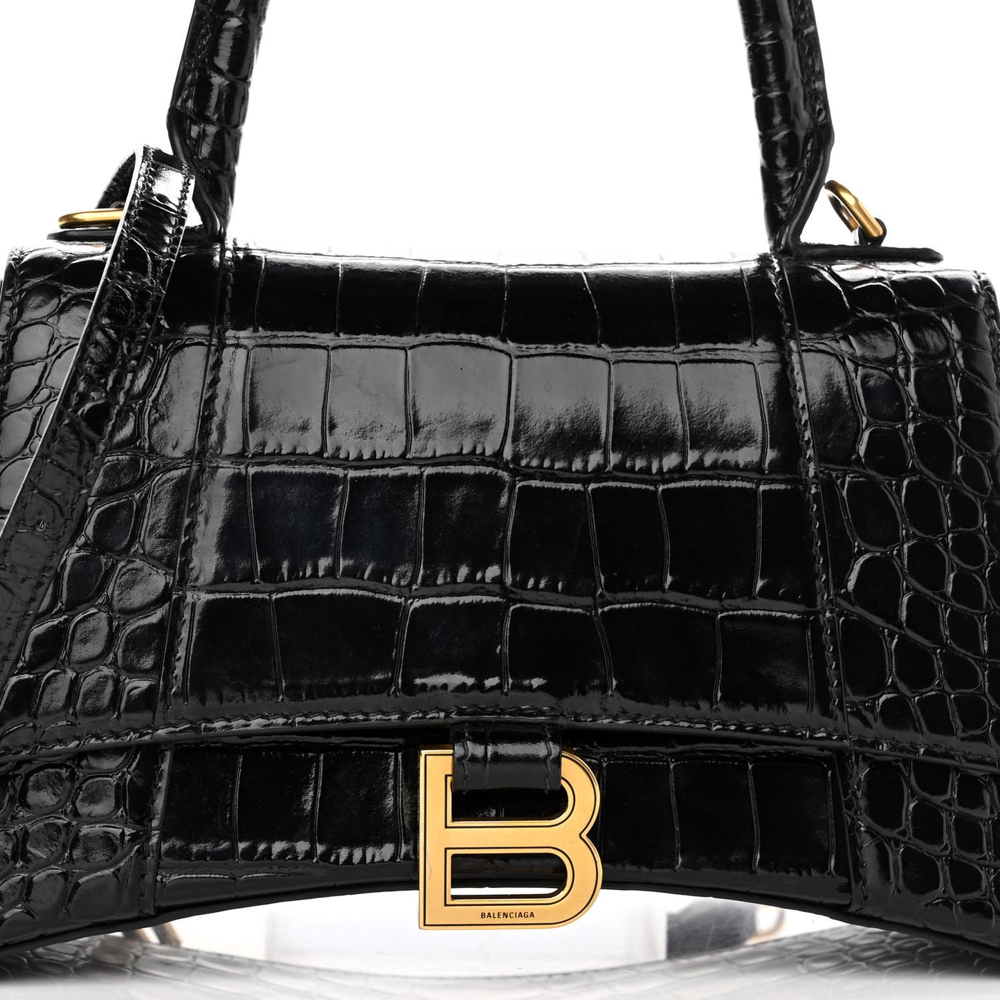 Shiny Calfskin Crocodile Embossed Small Hourglass Top Handle Bag Black