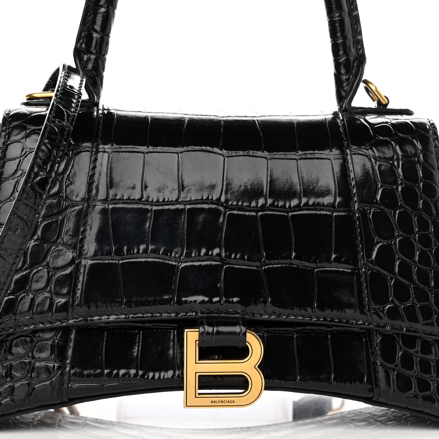 Balenciaga Shiny Calfskin Crocodile Embossed Small Hourglass Top Handle Bag Black 8 of 10