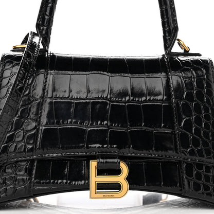 Balenciaga Shiny Calfskin Crocodile Embossed Small Hourglass Top Handle Bag Black 8 of 10