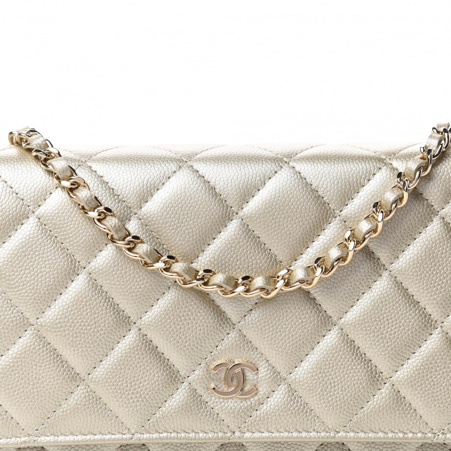 Metallic Caviar Quilted Wallet on Chain WOC Gold