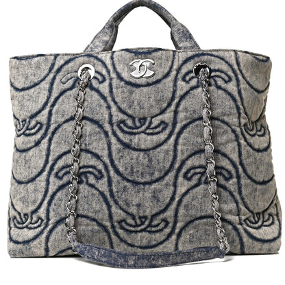 Chanel Denim Embossed CC Logo Print Shopping Tote Navy Blue 8 of 12
