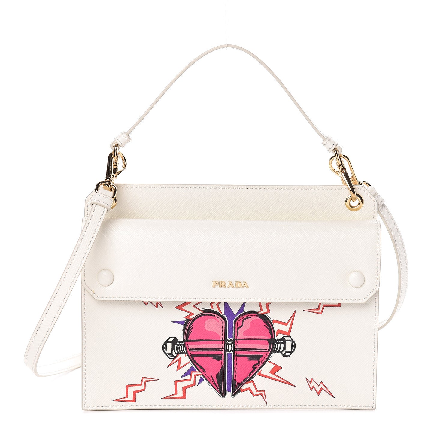 X UNIVERSAL STUDIOS Saffiano Frankenstein Heart Top Handle Flap Bag White Fuxia