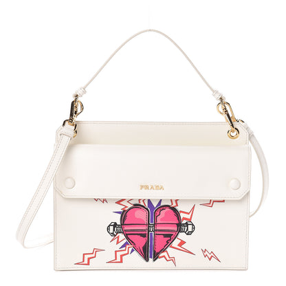 Prada X UNIVERSAL STUDIOS Saffiano Frankenstein Heart Top Handle Flap Bag White Fuxia 1 of 13