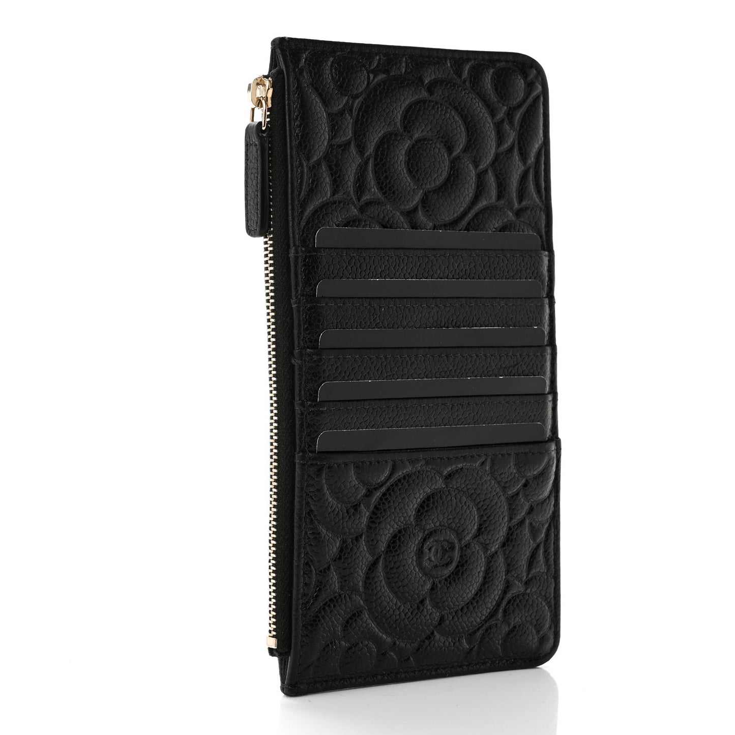 Caviar Camellia Embossed Classic Flat Wallet Pouch Black