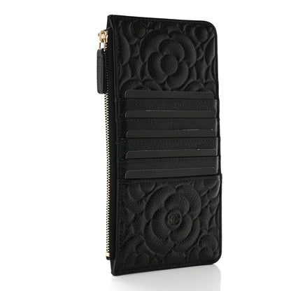 Chanel Caviar Camellia Embossed Classic Flat Wallet Pouch Black 3 of 12