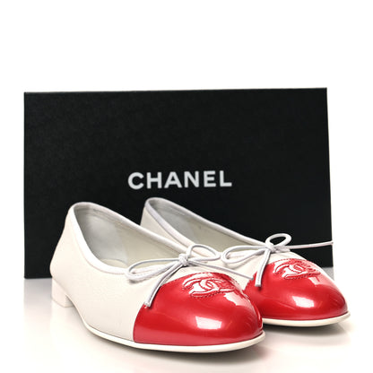 Chanel Calfskin Patent CC Cap Toe Ballerina Flats 38 White Red 9 of 9