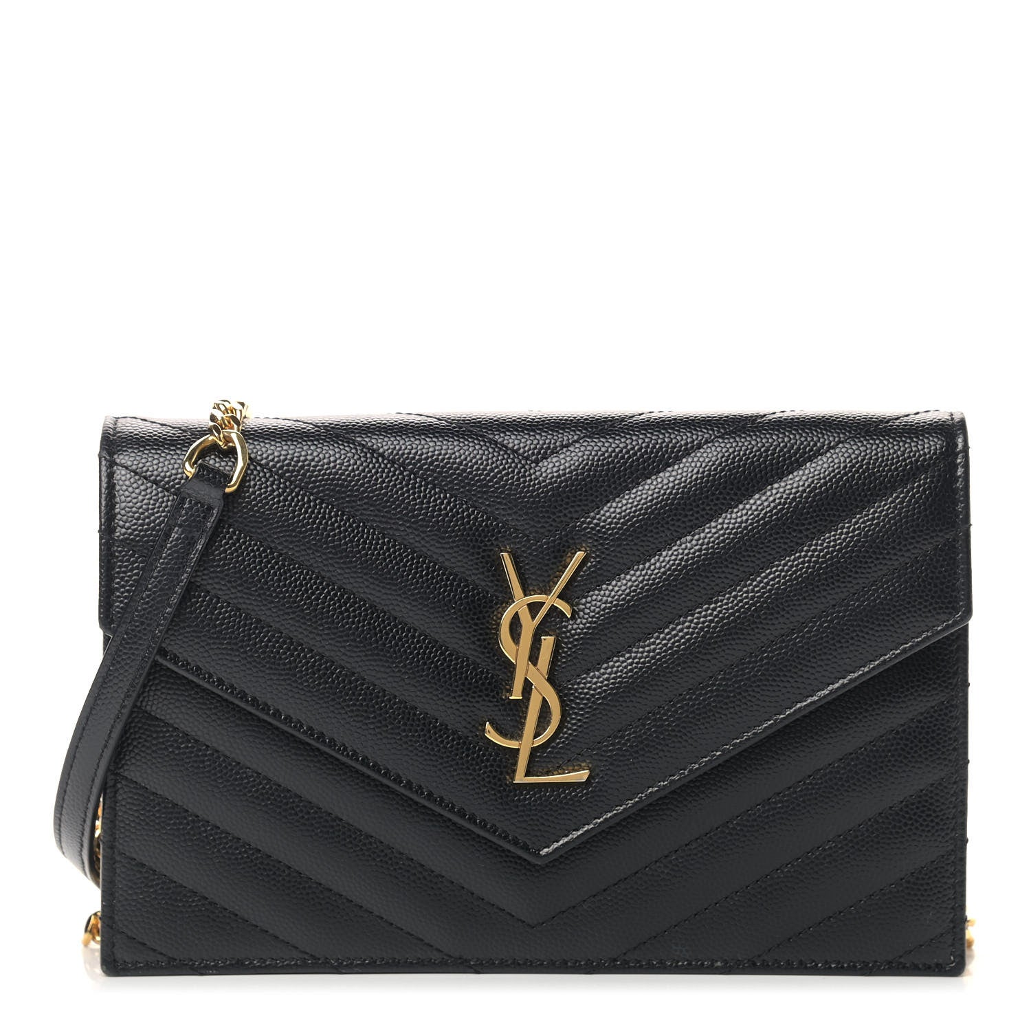 Saint Laurent Grain De Poudre Matelasse Chevron Monogram Envelope Chain Wallet Black 1 of 10