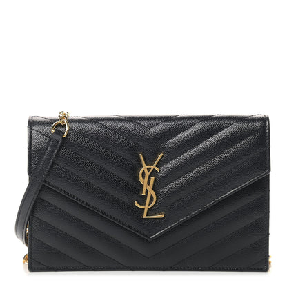 Saint Laurent Grain De Poudre Matelasse Chevron Monogram Envelope Chain Wallet Black 1 of 10
