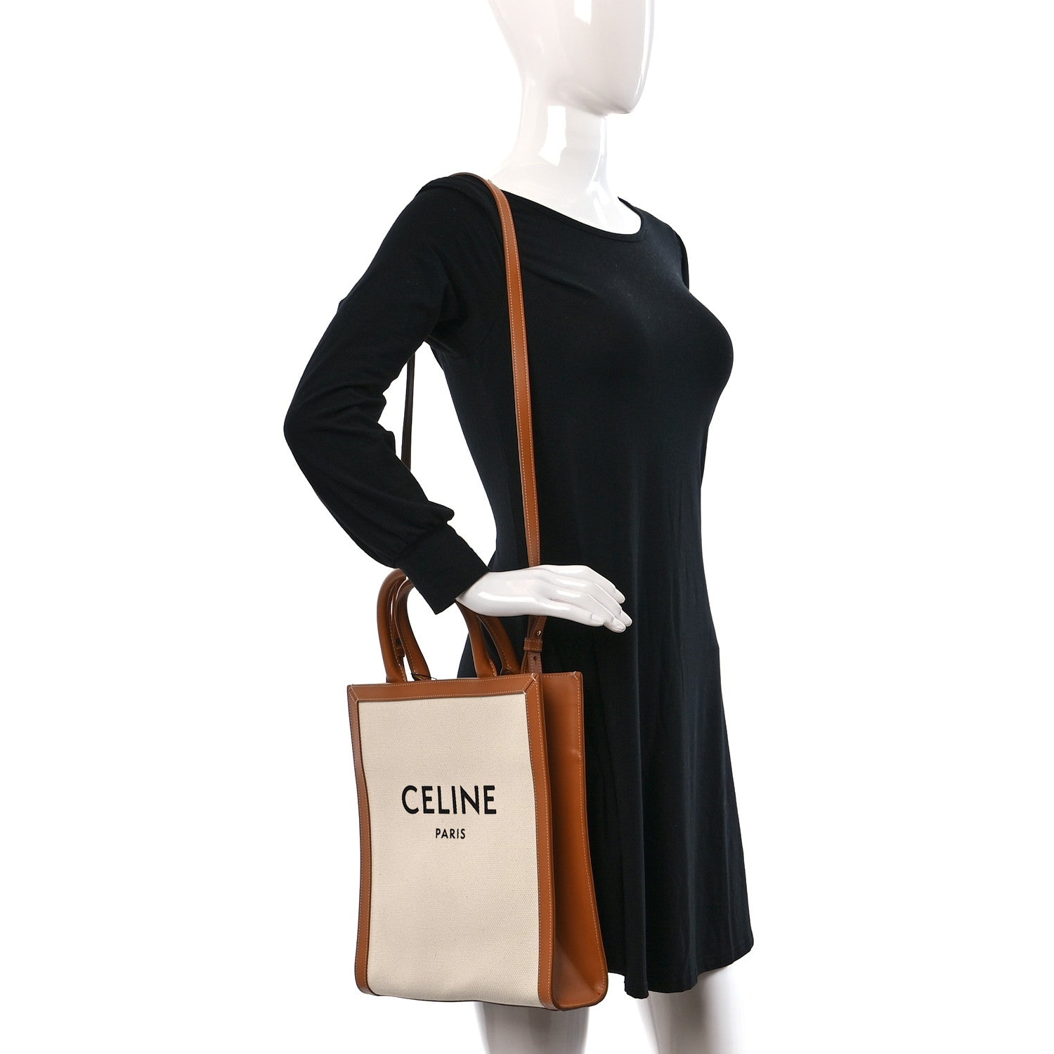 Celine Canvas Calfskin Logo Print Small Vertical Cabas Natural Tan 2 of 8