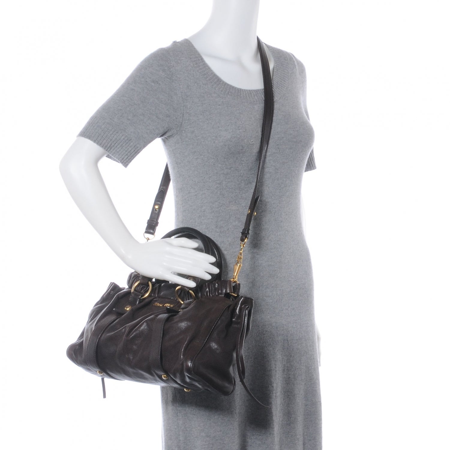 Miu Miu Leather Gathered Tote Brown 2 of 7