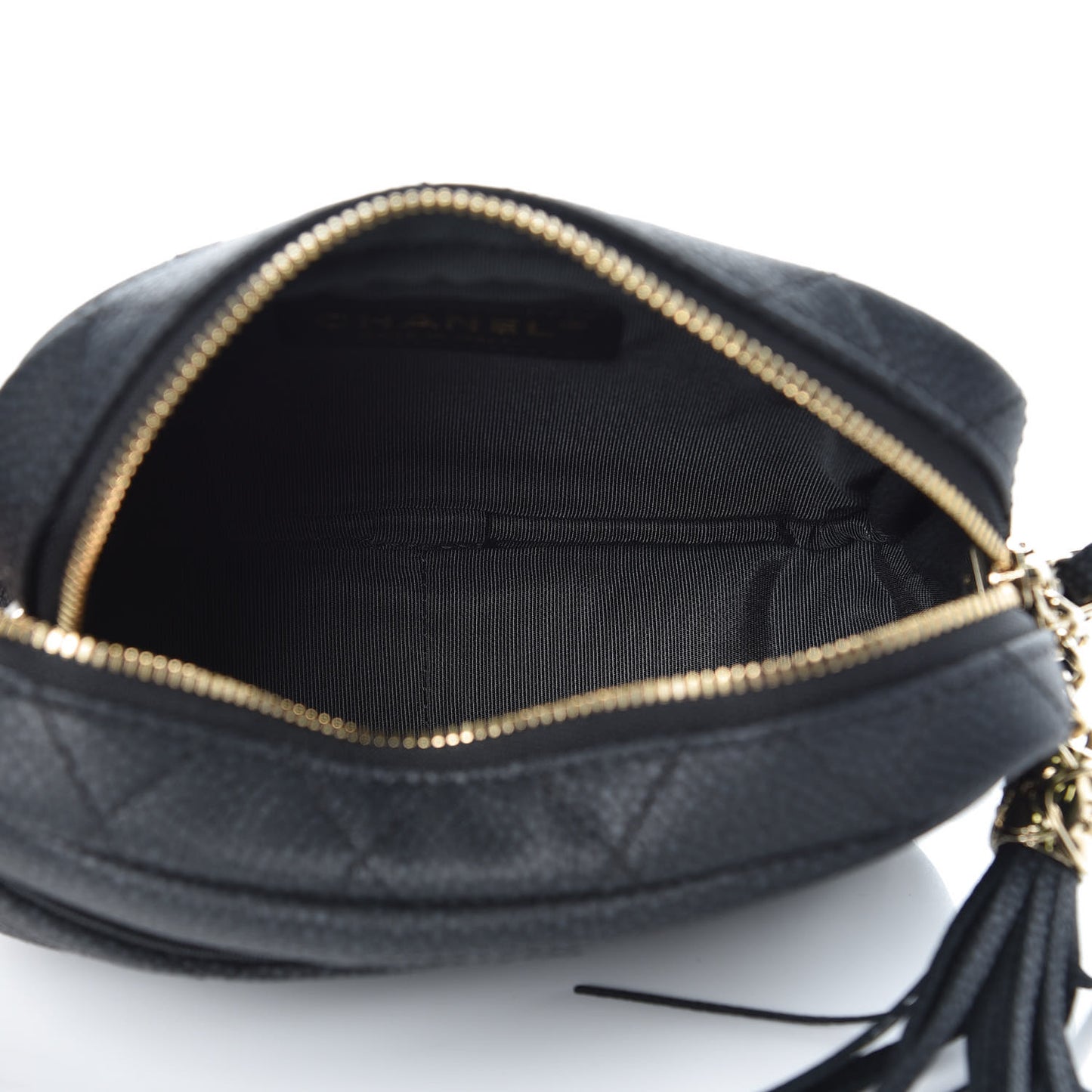 Iridescent Caviar Quilted Mini Coco Tassel Camera Case Black