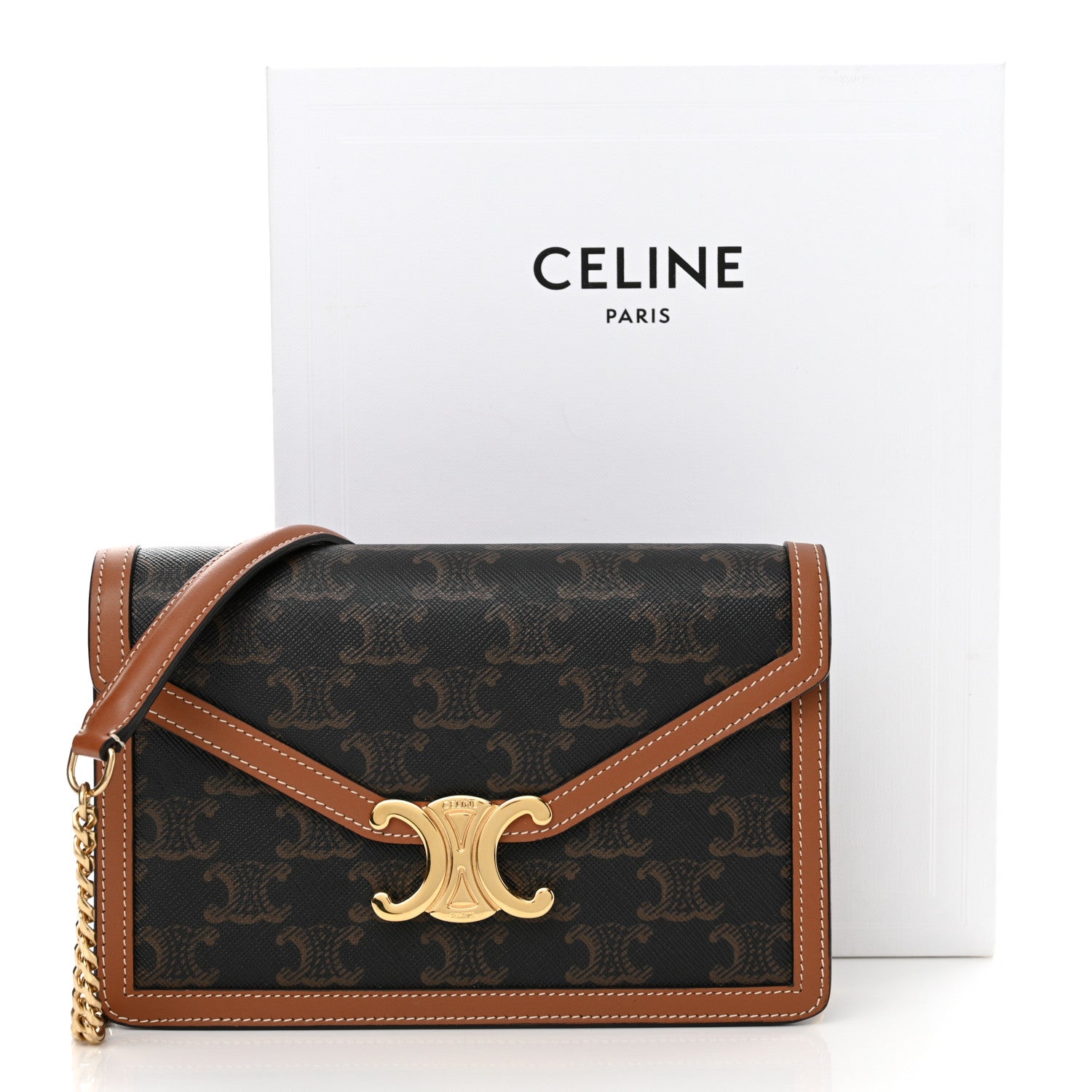 Celine Triomphe Canvas Calfskin Margo Wallet on Chain Tan 13 of 13