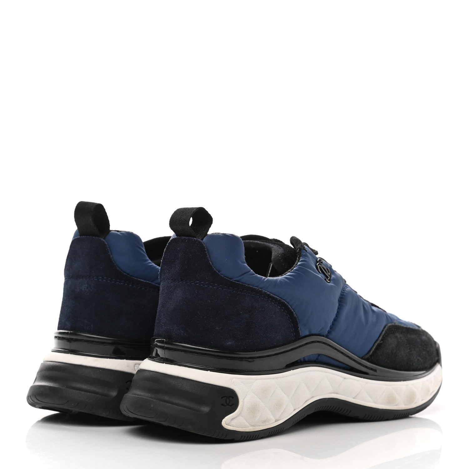 Chanel Nylon Suede Calfskin Womens Logo Sneakers 37.5 Blue Navy Dark Navy 4 of 10