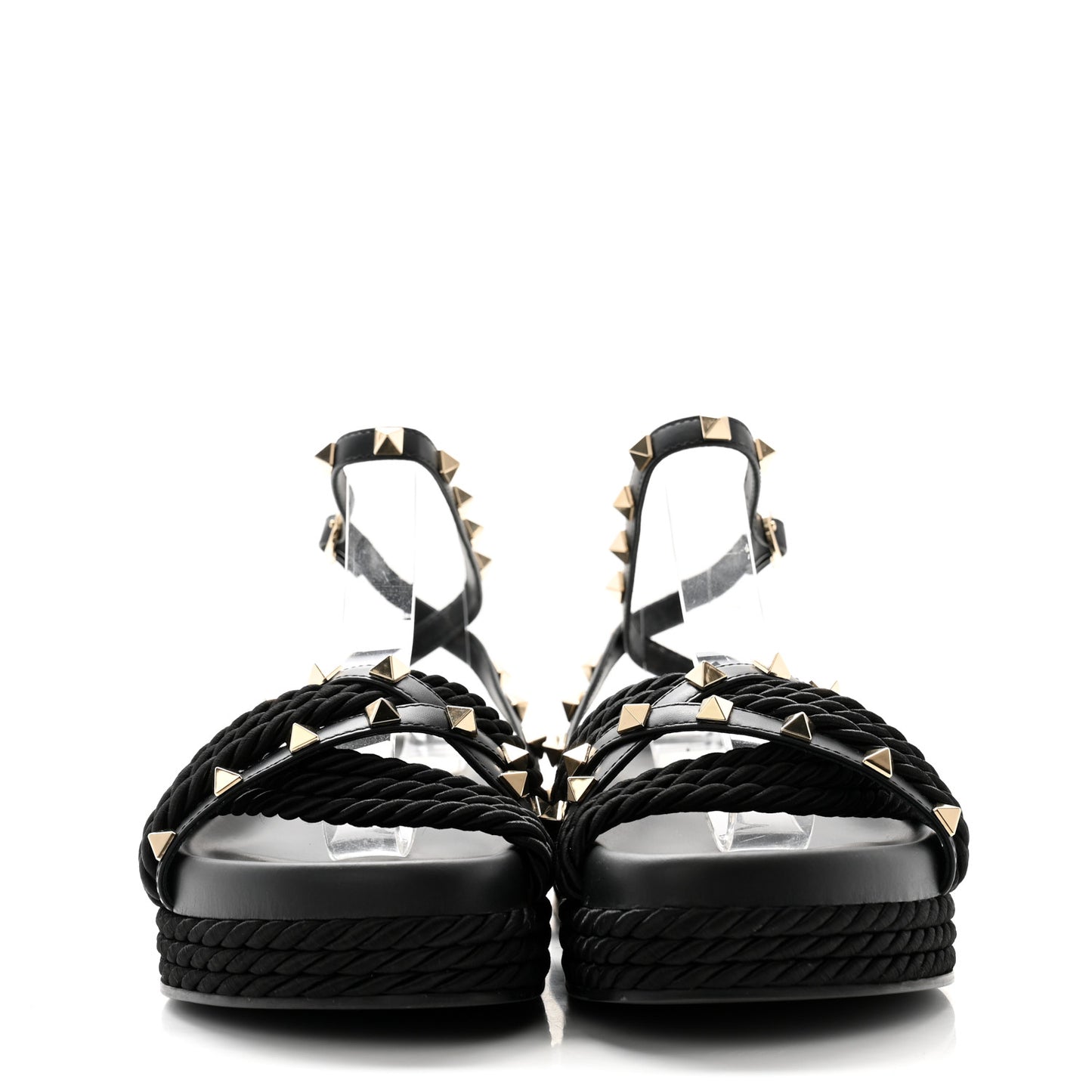 Calfskin Rockstud Torchon Flatform Espadrille Sandals 36 Black
