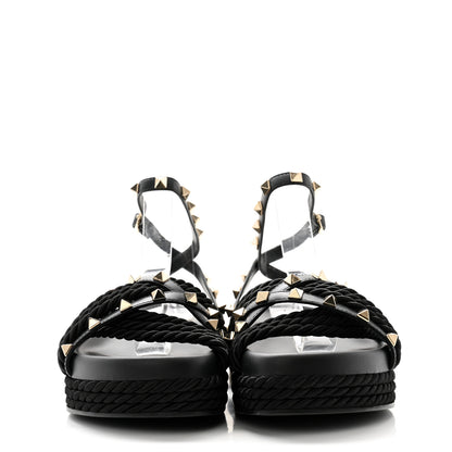 Valentino Garavani Calfskin Rockstud Torchon Flatform Espadrille Sandals 36 Black 2 of 8