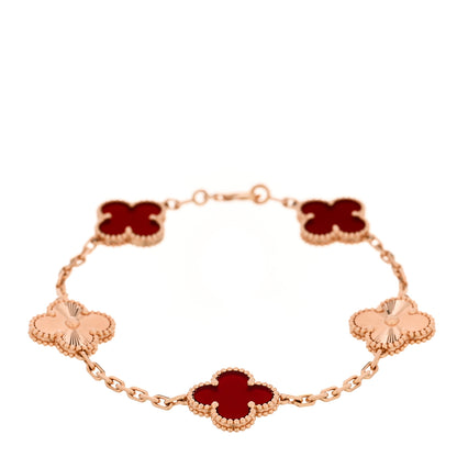 Van Cleef & Arpels 18K Rose Gold Carnelian 5 Motifs Guilloche Vintage Alhambra Bracelet 1 of 5