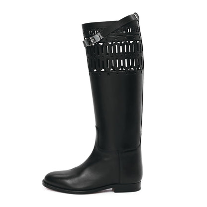 Hermes Calfskin Womens Faubourg Kelly Jumping Boots 37 Black 1 of 8