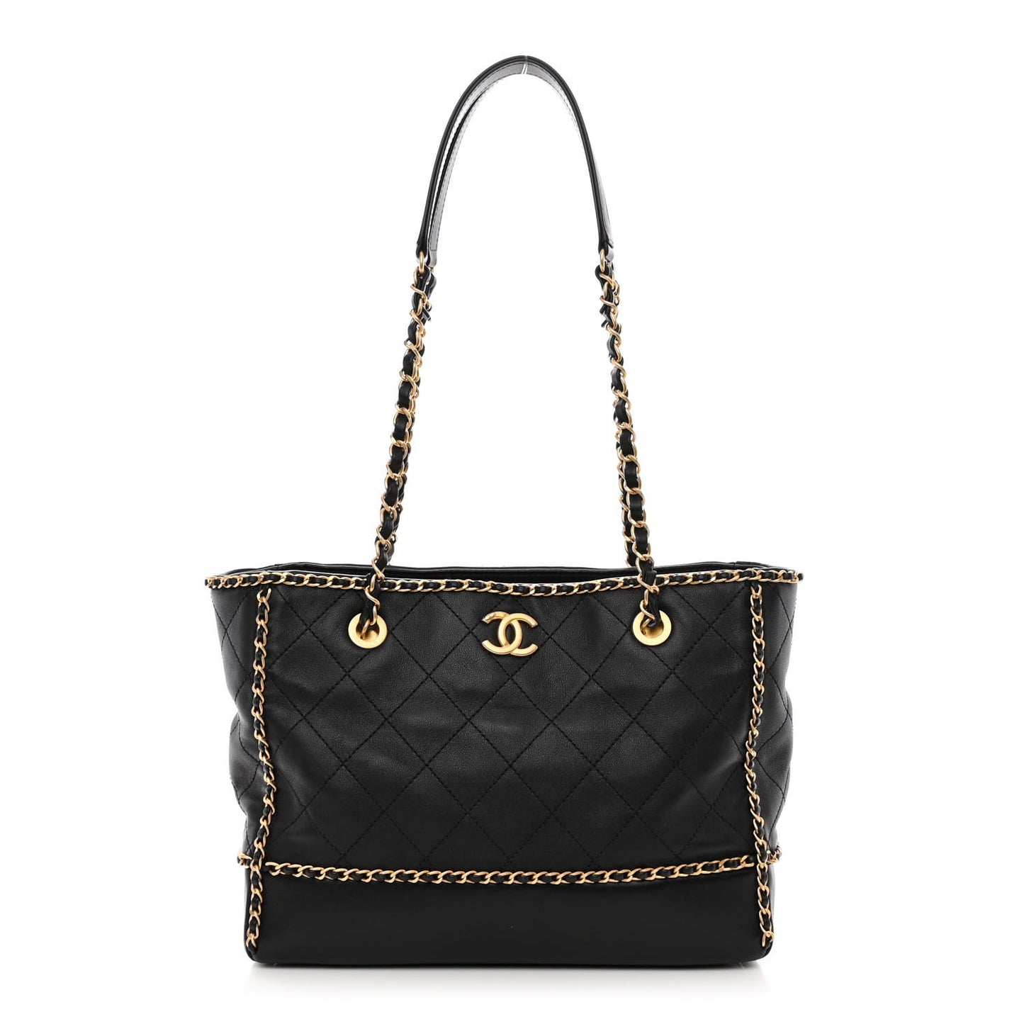 Calfskin Quilted Chain Lines Shopping Tote Black