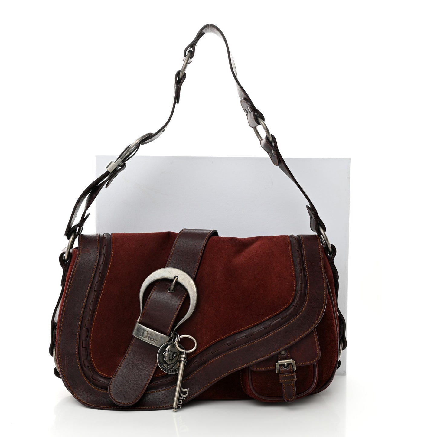 Suede Calfskin Medium Gaucho Double Saddle Burgundy