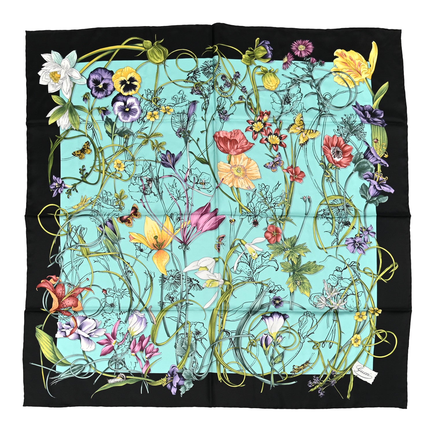 Gucci Silk Twill Flora Infinity Chrissy Square Scarf Turquoise Blue Black 1 of 5
