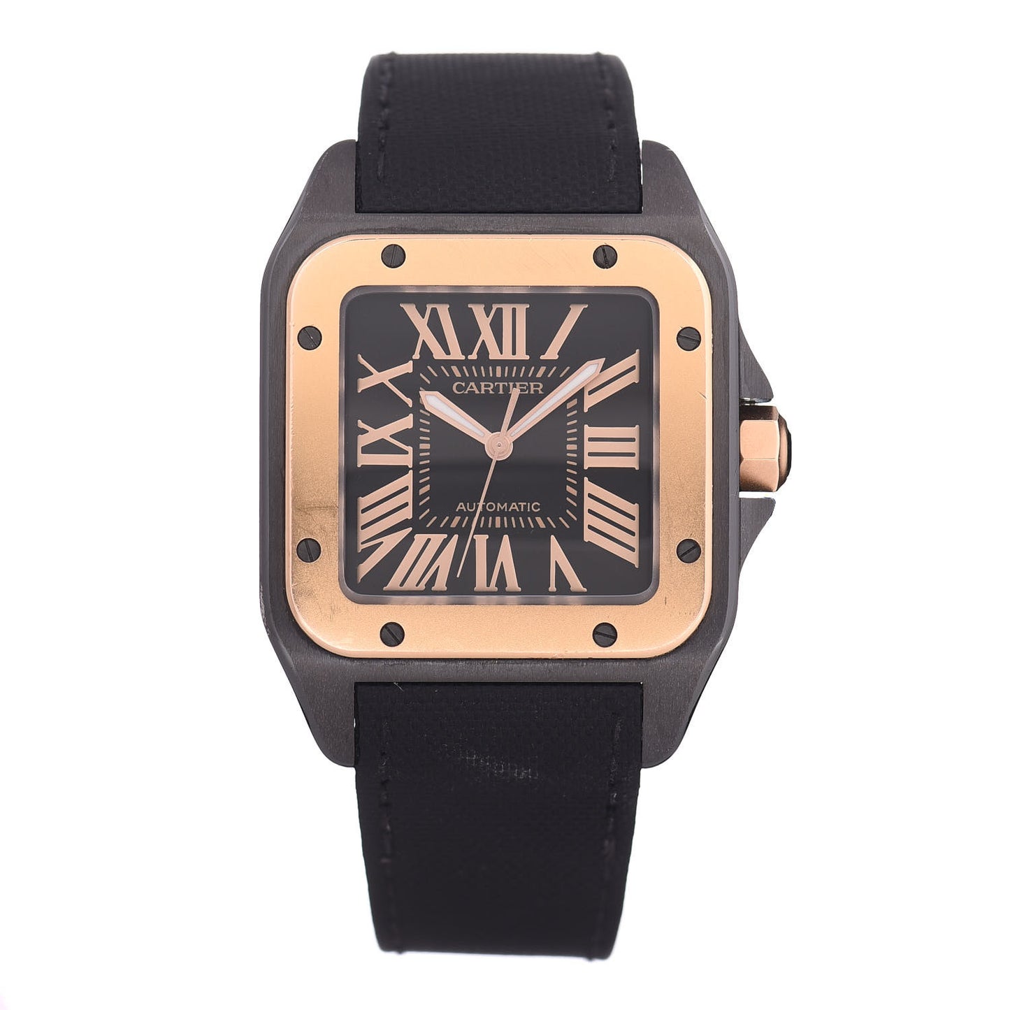 PVD Stainless Steel 18K Pink Gold Nylon 38mm Santos 100 Automatic Watch Black