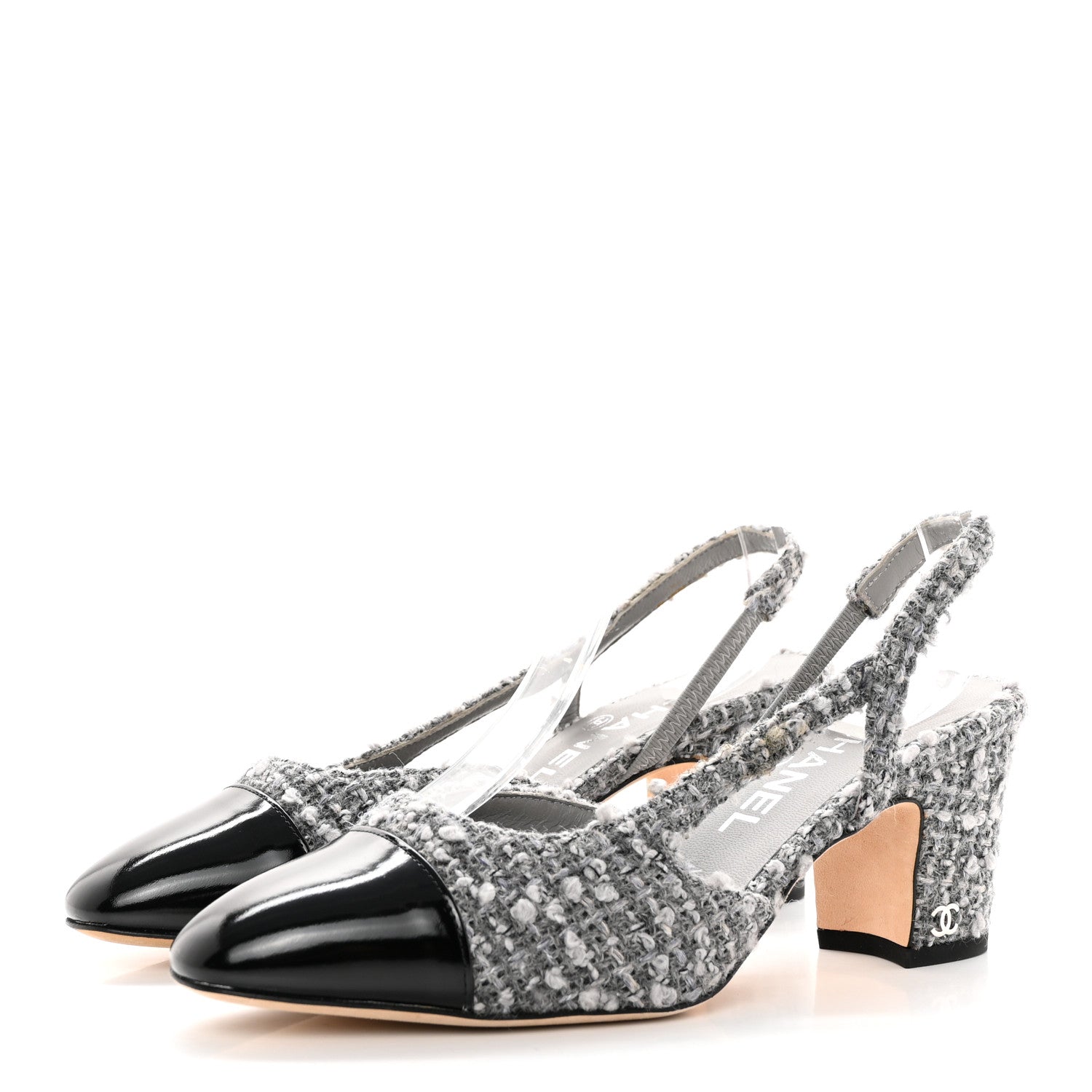 Chanel Tweed Patent Cap Toe CC Slingback Pumps 36.5 Gray 3 of 16