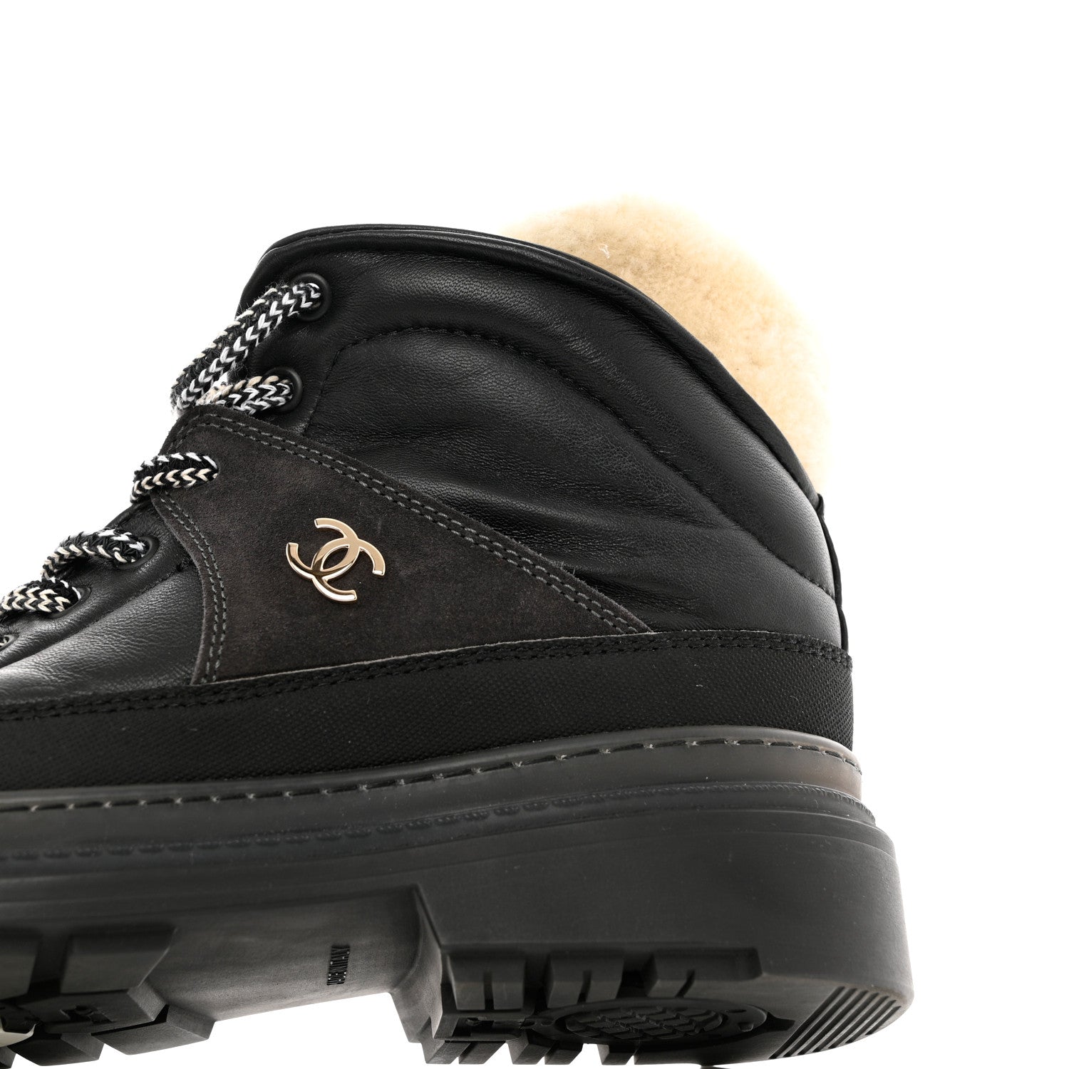 Chanel Lambskin Shearling Suede CC High Lace Up Boots 38 Black 7 of 27