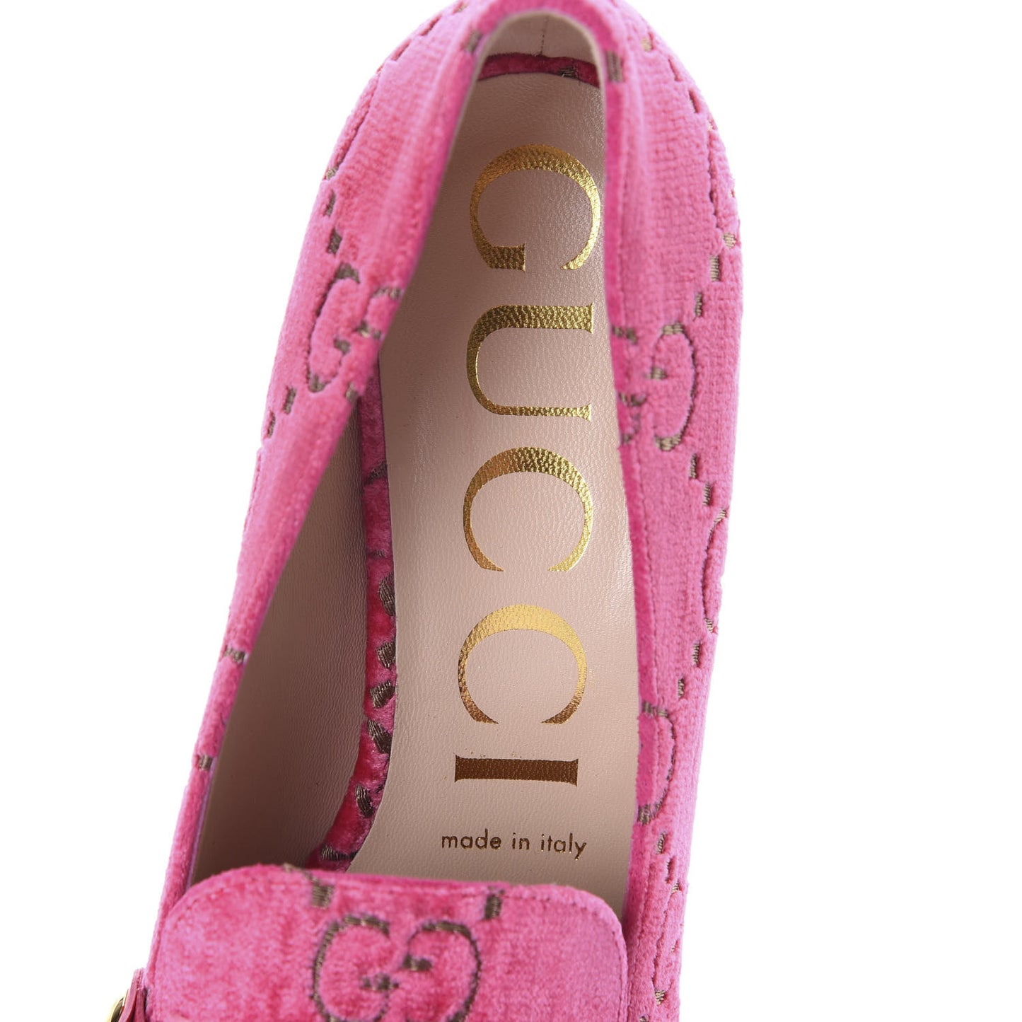 Velvet GG Monogram Sylvie Web Chain Mid Heel Loafers 37.5 Bright Pink