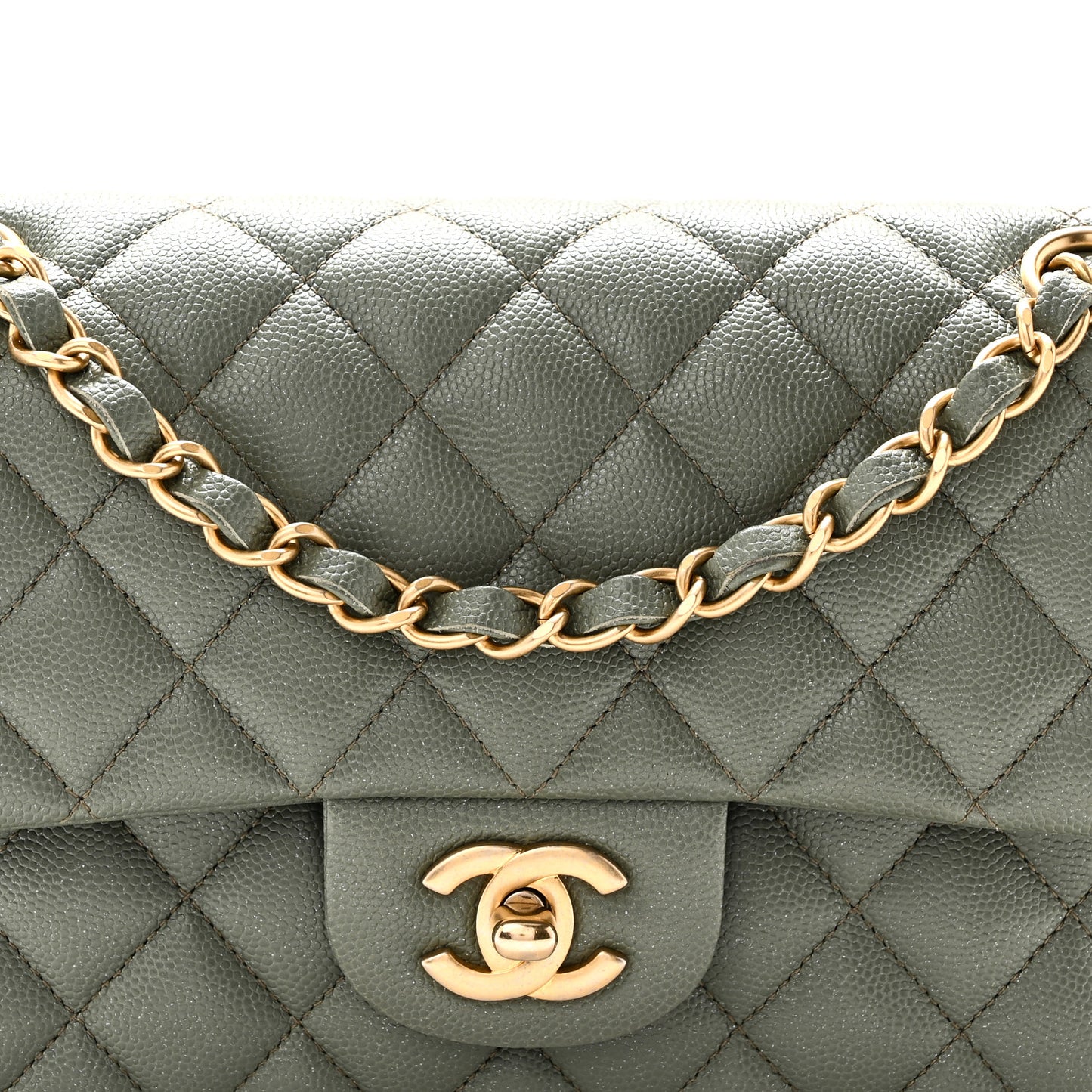 Iridescent Caviar Quilted Small Double Flap Green