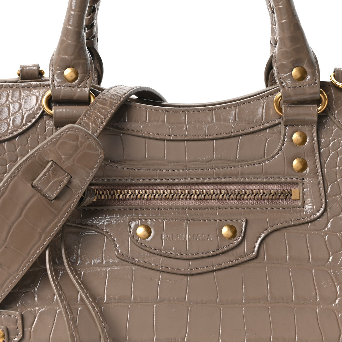 Shiny Supple Calfskin Crocodile Embossed Neo Classic Gold Hardware S City Mink Grey