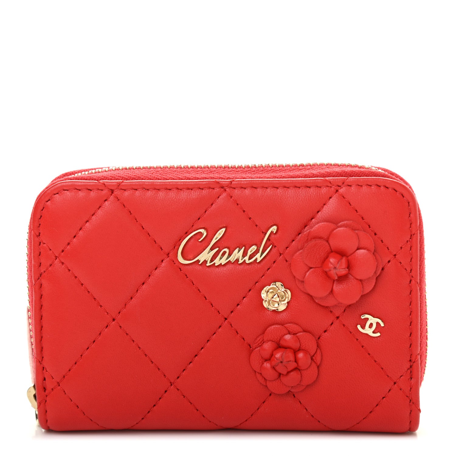 Chanel Lambskin Quilted Camellia Zip Coin Purse Red 1 of 6