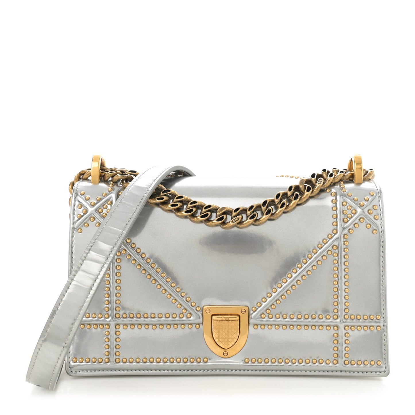 Metallic Patent Studded Small Diorama Flap Bag Silver