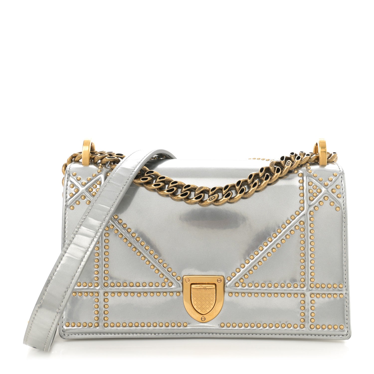 Christian Dior Metallic Patent Studded Small Diorama Flap Bag Silver 1 of 14