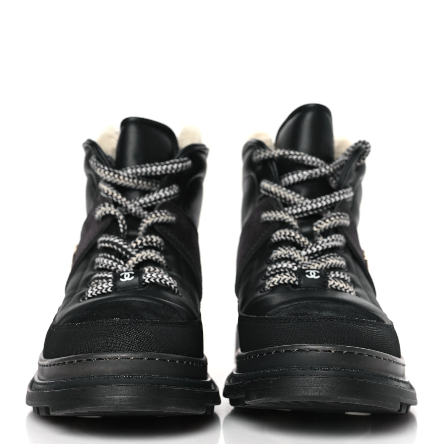 Chanel Lambskin Shearling Suede CC High Lace Up Boots 38 Black 2 of 8
