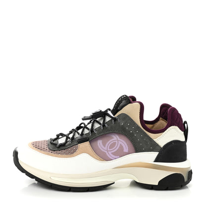 Chanel Fabric Suede Calfskin Mesh Womens CC Sneakers 39 White Grey Purple 1 of 9