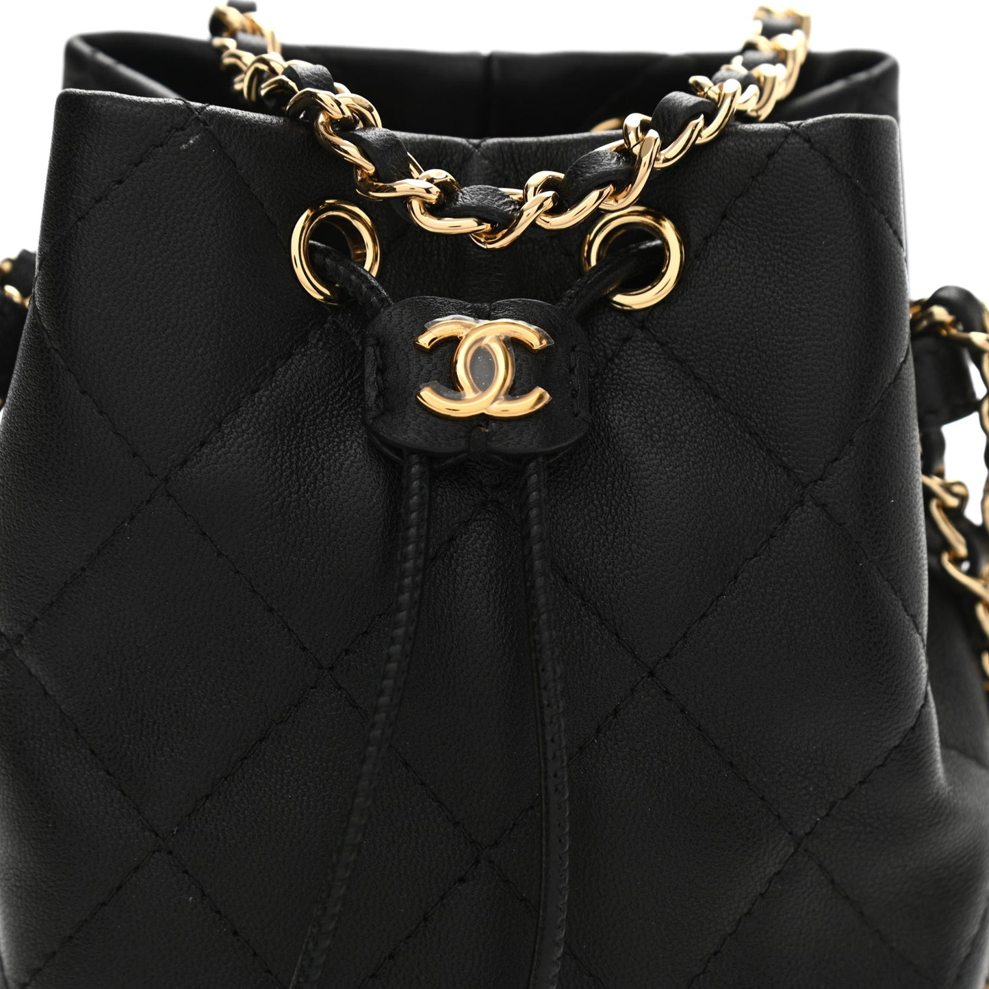 Metal Lambskin Quilted Small Chain Bucket Bag Black