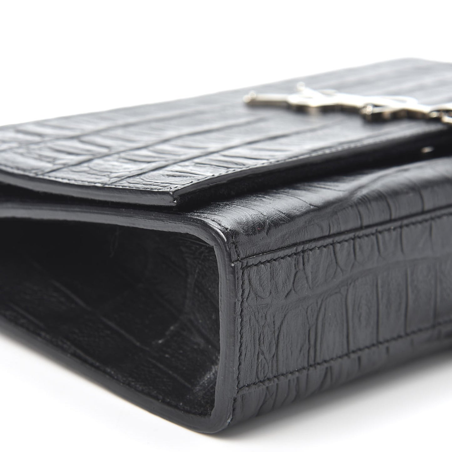 Calfskin Crocodile Embossed Medium Classic Monogram Kate Tassel Satchel Black